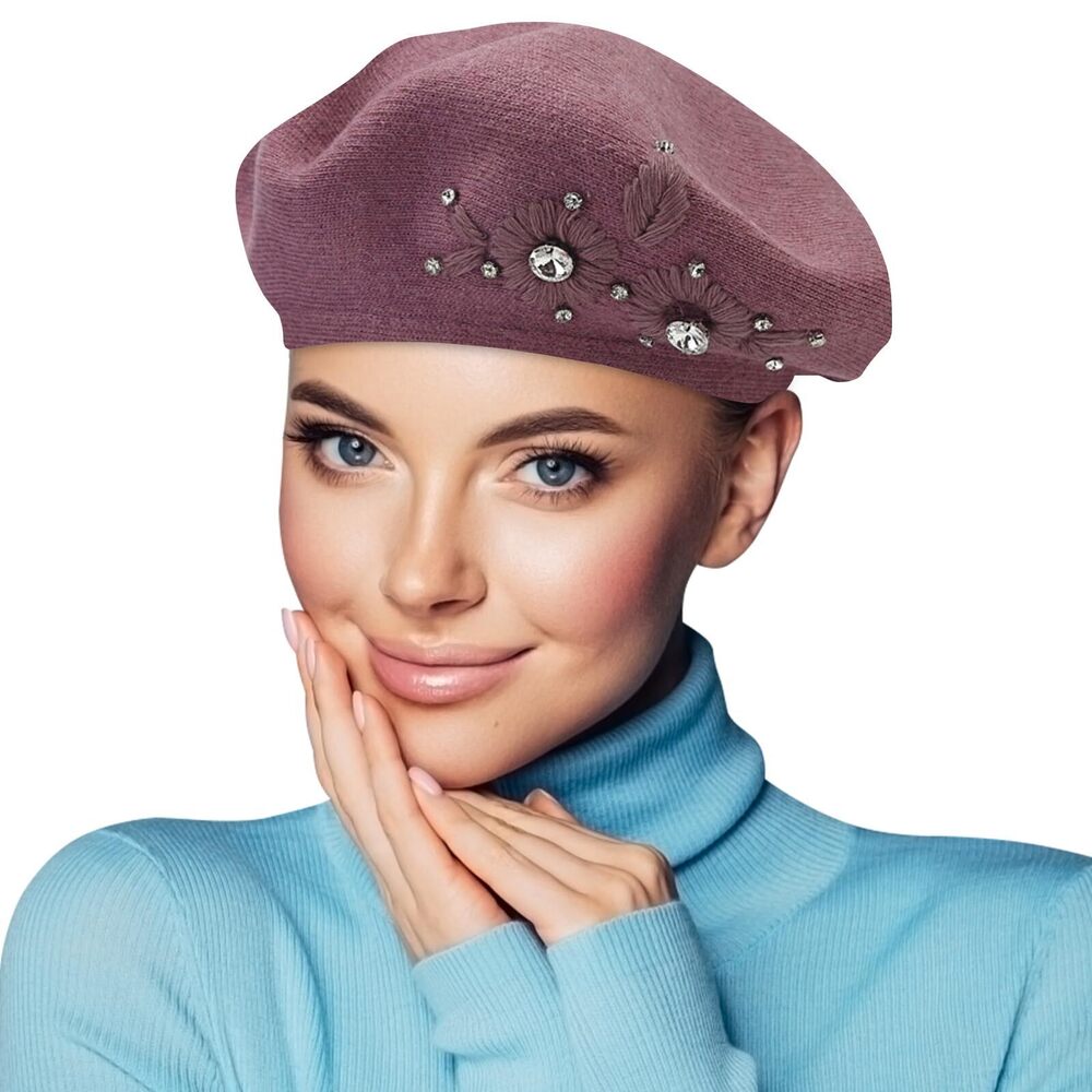 5229 Beret Hats For Women, Rabbit Fur Beret Hat Flowers Rhinestone French
